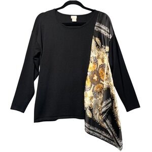 Chicos 1 M Black Long Sleeve Asymmetrical Scarf Print Sweater‎ Top